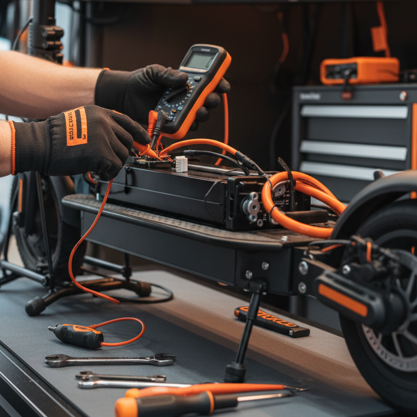 Person working on a mechanical device with tools and equipment in the background
